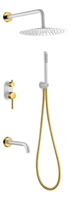 Смеситель встроенный + верхний+ ручной душ, Uno. White Gold